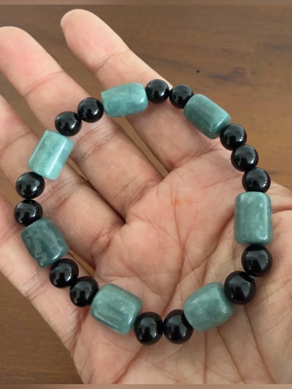 Blue Water Jade Barrel and Black Obsidian Bead Stretchable Bracelet